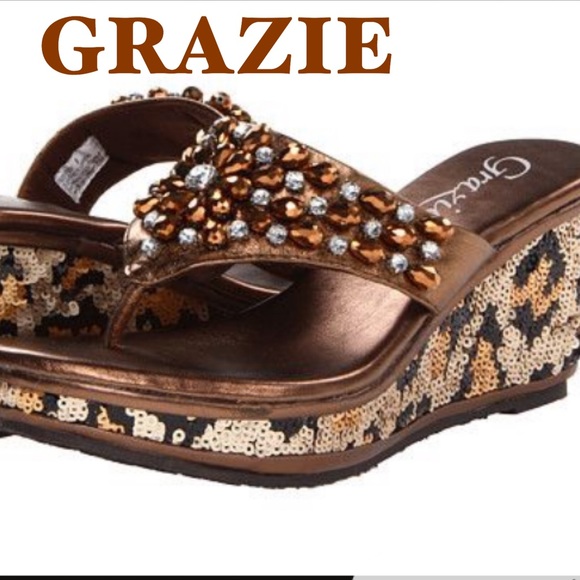 Grazie Shoes Nwt Grazie Bronze Dazzle Wedge Thong Bling 6 Poshmark